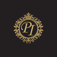 Initial letter PI, overlapping monogram logo, decorative ornament badge, elegant luxury golden color