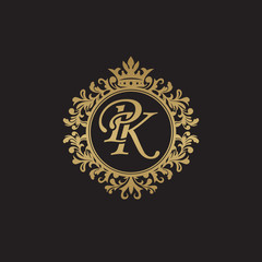 Initial letter PK, overlapping monogram logo, decorative ornament badge, elegant luxury golden color - obrazy, fototapety, plakaty