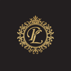 Initial letter PL, overlapping monogram logo, decorative ornament badge, elegant luxury golden color