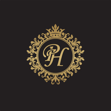 Initial letter PH, overlapping monogram logo, decorative ornament badge, elegant luxury golden color