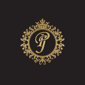 Initial letter PJ, overlapping monogram logo, decorative ornament badge, elegant luxury golden color