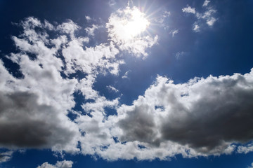 Nature weather, dramatic blue sky with clouds and sun rays