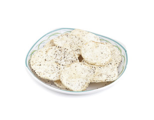 Indian Spicy Potato Chips Also know as Aloo Papri, Aloo Papdi, Alu Papdi, Wafer and Aloo Chips isolated on White Background