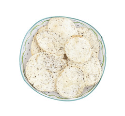 Indian Spicy Potato Chips Also know as Aloo Papri, Aloo Papdi, Alu Papdi, Wafer and Aloo Chips isolated on White Background