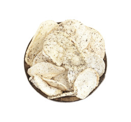 Indian Spicy Potato Chips Also know as Aloo Papri, Aloo Papdi, Alu Papdi, Wafer and Aloo Chips isolated on White Background