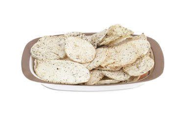 Indian Spicy Potato Chips Also know as Aloo Papri, Aloo Papdi, Alu Papdi, Wafer and Aloo Chips isolated on White Background