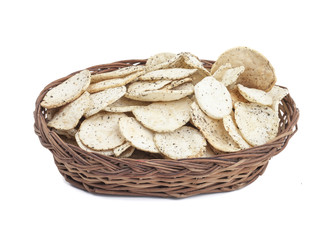 Indian Spicy Potato Chips Also know as Aloo Papri, Aloo Papdi, Alu Papdi, Wafer and Aloo Chips isolated on White Background