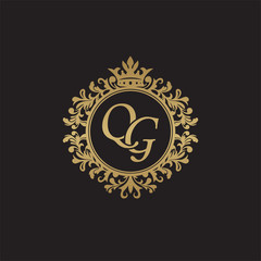 Initial letter QG, overlapping monogram logo, decorative ornament badge, elegant luxury golden color
