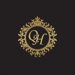 Initial letter QH, overlapping monogram logo, decorative ornament badge, elegant luxury golden color