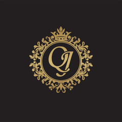 Initial letter QJ, overlapping monogram logo, decorative ornament badge, elegant luxury golden color