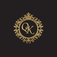 Initial letter QK, overlapping monogram logo, decorative ornament badge, elegant luxury golden color