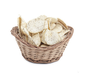 Indian Spicy Potato Chips Also know as Aloo Papri, Aloo Papdi, Alu Papdi, Wafer and Aloo Chips isolated on White Background