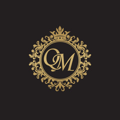 Initial letter QM, overlapping monogram logo, decorative ornament badge, elegant luxury golden color