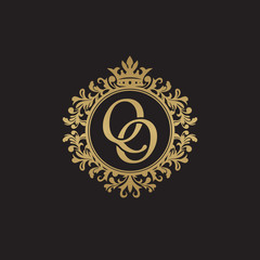 Initial letter QO, overlapping monogram logo, decorative ornament badge, elegant luxury golden color