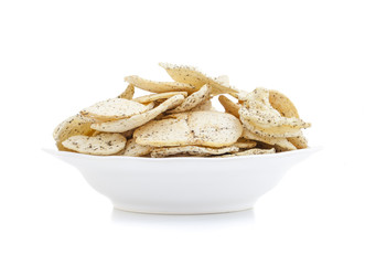 Indian Spicy Potato Chips Also know as Aloo Papri, Aloo Papdi, Alu Papdi, Wafer and Aloo Chips isolated on White Background