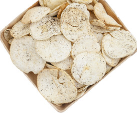 Indian Spicy Potato Chips Also know as Aloo Papri, Aloo Papdi, Alu Papdi, Wafer and Aloo Chips isolated on White Background