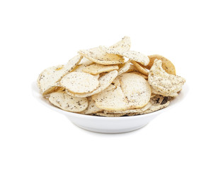 Indian Spicy Potato Chips Also know as Aloo Papri, Aloo Papdi, Alu Papdi, Wafer and Aloo Chips isolated on White Background