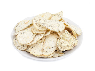 Indian Spicy Potato Chips Also know as Aloo Papri, Aloo Papdi, Alu Papdi, Wafer and Aloo Chips isolated on White Background
