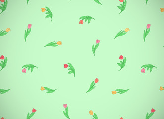 Horizontal card with cute cartoon colored flowers, tulips on green background.