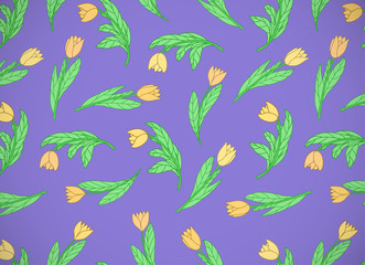 Horizontal card with cute cartoon yellow flowers, tulips on violet background.