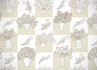 Horizontal card with cute cartoon plants and flowers in pots and tulips. Checkered background.