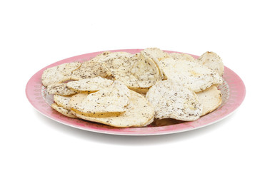 Indian Spicy Potato Chips Also know as Aloo Papri, Aloo Papdi, Alu Papdi, Wafer and Aloo Chips isolated on White Background