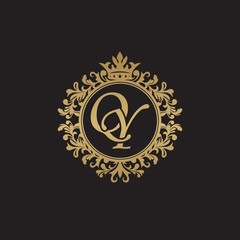 Initial letter QY, overlapping monogram logo, decorative ornament badge, elegant luxury golden color