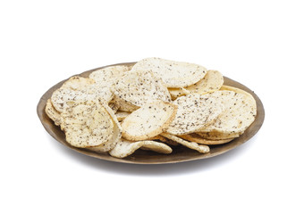 Indian Spicy Potato Chips Also know as Aloo Papri, Aloo Papdi, Alu Papdi, Wafer and Aloo Chips isolated on White Background
