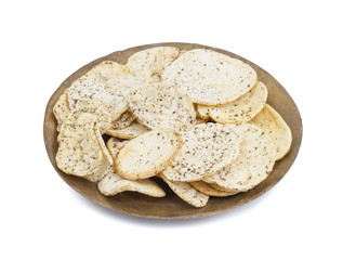 Indian Spicy Potato Chips Also know as Aloo Papri, Aloo Papdi, Alu Papdi, Wafer and Aloo Chips isolated on White Background
