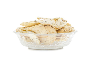 Indian Spicy Potato Chips Also know as Aloo Papri, Aloo Papdi, Alu Papdi, Wafer and Aloo Chips isolated on White Background