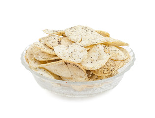 Indian Spicy Potato Chips Also know as Aloo Papri, Aloo Papdi, Alu Papdi, Wafer and Aloo Chips isolated on White Background