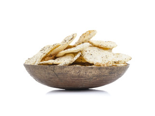 Indian Spicy Potato Chips Also know as Aloo Papri, Aloo Papdi, Alu Papdi, Wafer and Aloo Chips isolated on White Background
