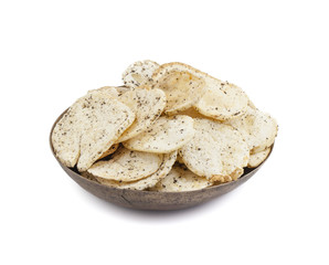 Indian Spicy Potato Chips Also know as Aloo Papri, Aloo Papdi, Alu Papdi, Wafer and Aloo Chips isolated on White Background