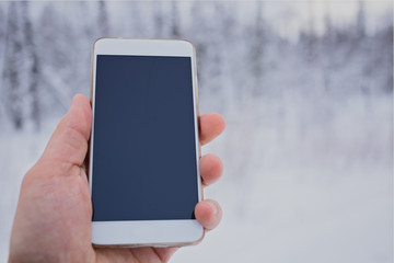 phone in hand on the winter forest background