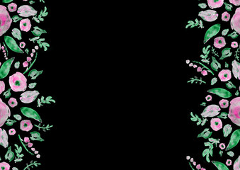 Painted watercolor composition with flowers and leaves. Frame of roses. Floral border. Can be used as invitation card for wedding, birthday, other holiday, summer background, poster, banner.
