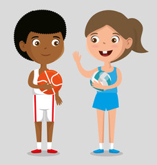 happy kids couple playing sports characters vector illustration design