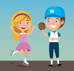 happy kids couple playing sports characters vector illustration design