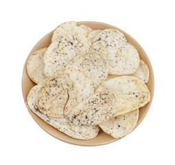 Indian Spicy Potato Chips Also know as Aloo Papri, Aloo Papdi, Alu Papdi, Wafer and Aloo Chips isolated on White Background