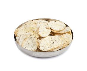 Indian Spicy Potato Chips Also know as Aloo Papri, Aloo Papdi, Alu Papdi, Wafer and Aloo Chips isolated on White Background