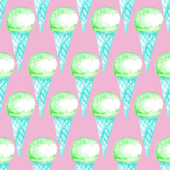 Seamless ice-cream pattern. Watercolor hand drawn summer beach print in unusual colors with ice lolly , Ice cream in a waffle cup. Childish baby background. Food print. Fabric, paper, cover, web