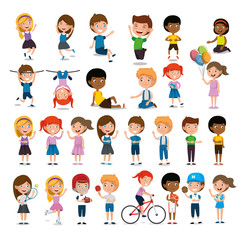 group of happy kids practicing sports characters vector illustration design