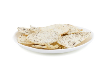 Indian Spicy Potato Chips Also know as Aloo Papri, Aloo Papdi, Alu Papdi, Wafer and Aloo Chips isolated on White Background