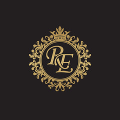 Fototapeta na wymiar Initial letter RE, overlapping monogram logo, decorative ornament badge, elegant luxury golden color