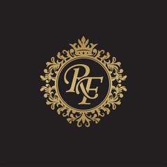 Initial letter RF, overlapping monogram logo, decorative ornament badge, elegant luxury golden color