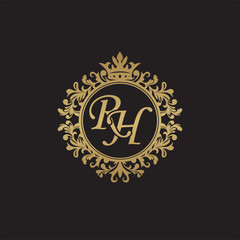 Initial letter RH, overlapping monogram logo, decorative ornament badge, elegant luxury golden color