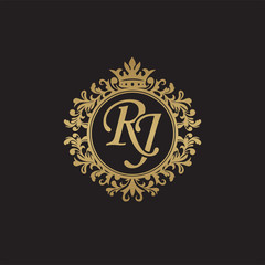 Initial letter RJ, overlapping monogram logo, decorative ornament badge, elegant luxury golden color