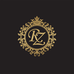 Initial letter RZ, overlapping monogram logo, decorative ornament badge, elegant luxury golden color