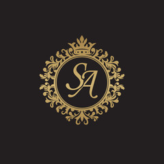 Initial letter SA, overlapping monogram logo, decorative ornament badge, elegant luxury golden color
