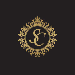 Initial letter SC, overlapping monogram logo, decorative ornament badge, elegant luxury golden color