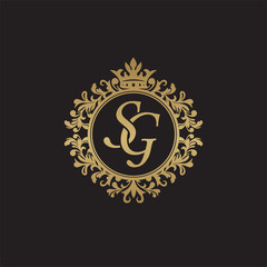 Fototapeta premium Initial letter SG, overlapping monogram logo, decorative ornament badge, elegant luxury golden color
